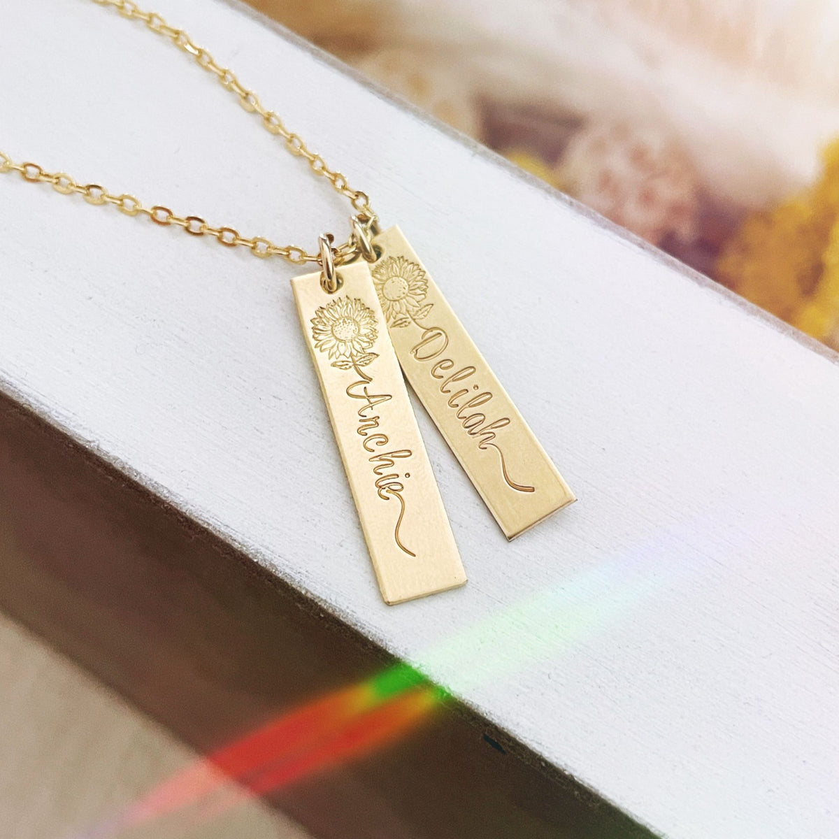 Double Sunflower Name Hanging Bars Necklace - Short Standard Bars