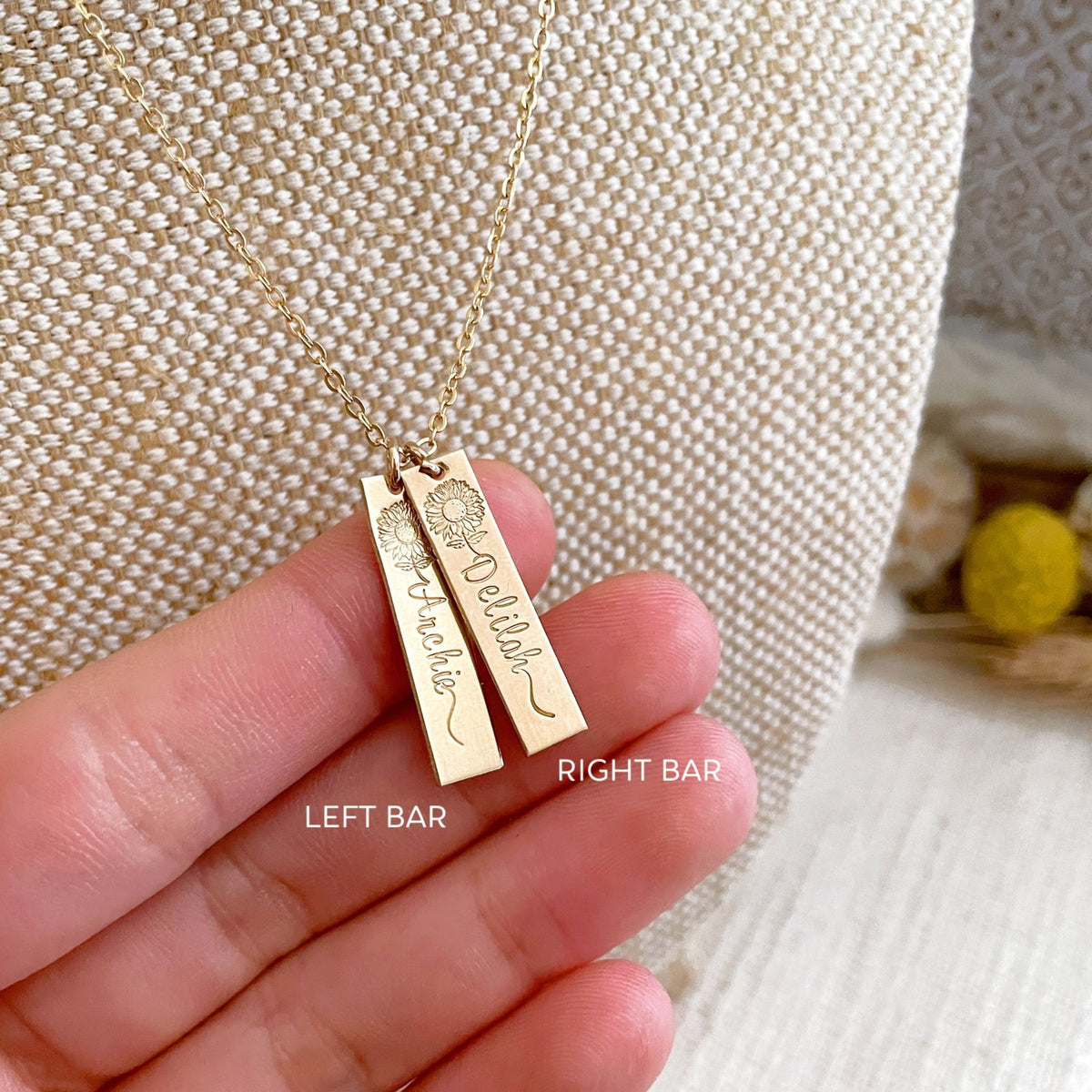 Double Sunflower Name Hanging Bars Necklace - Short Standard Bars