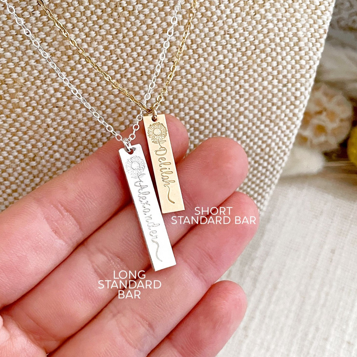 Single Sunflower Name Hanging Bar Necklace - Long Standard Bar