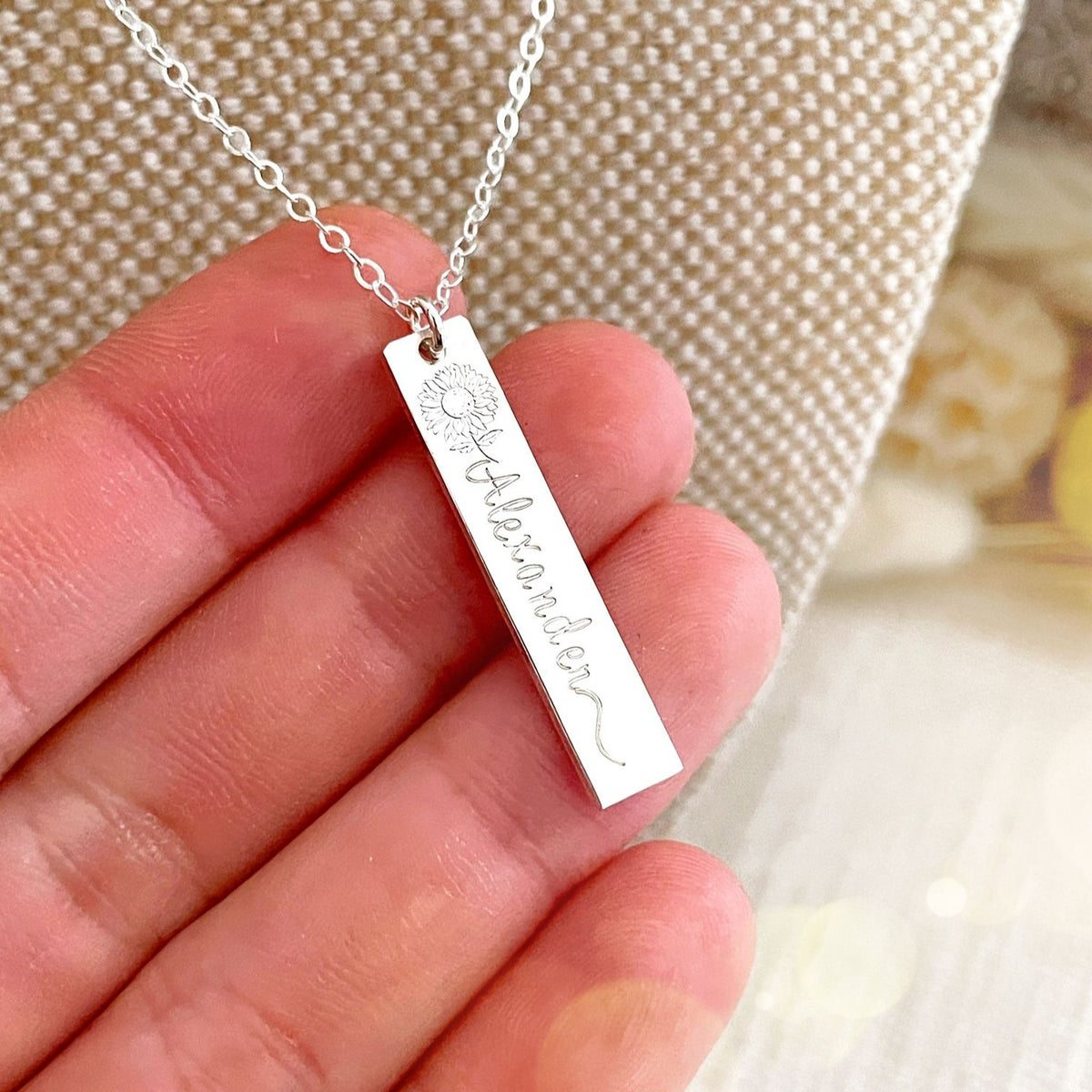 Single Sunflower Name Hanging Bar Necklace - Long Standard Bar