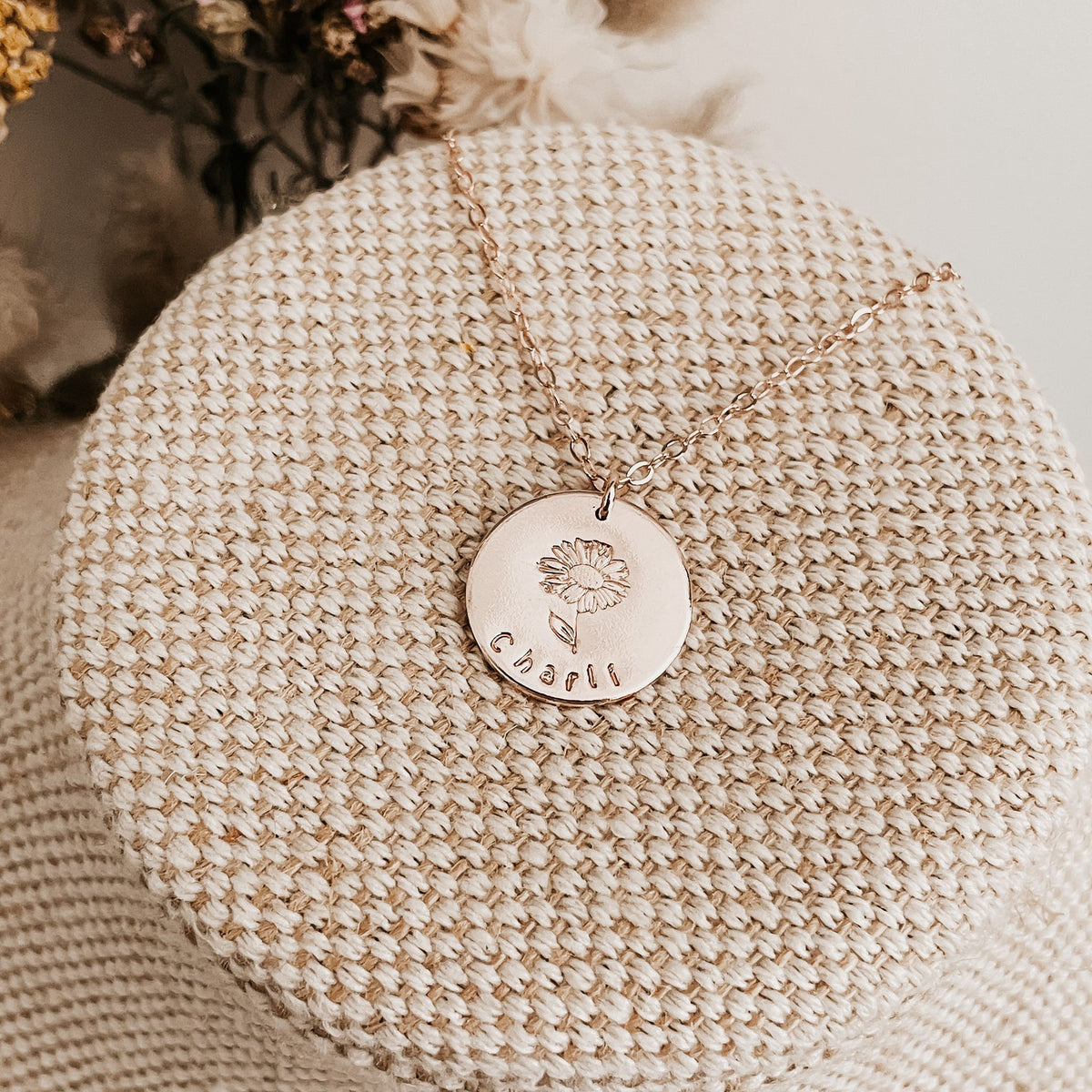 Birth Flower and Name Necklace - Large Disc