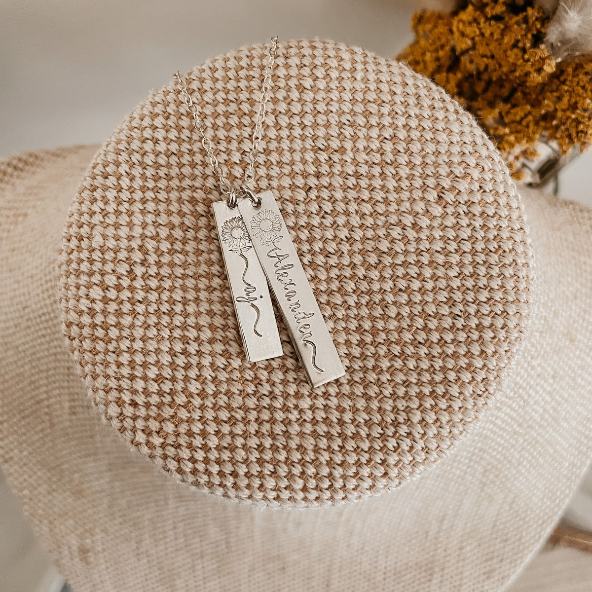 Double Sunflower Name Hanging Bars Necklace - Short &amp; Long Standard Bars