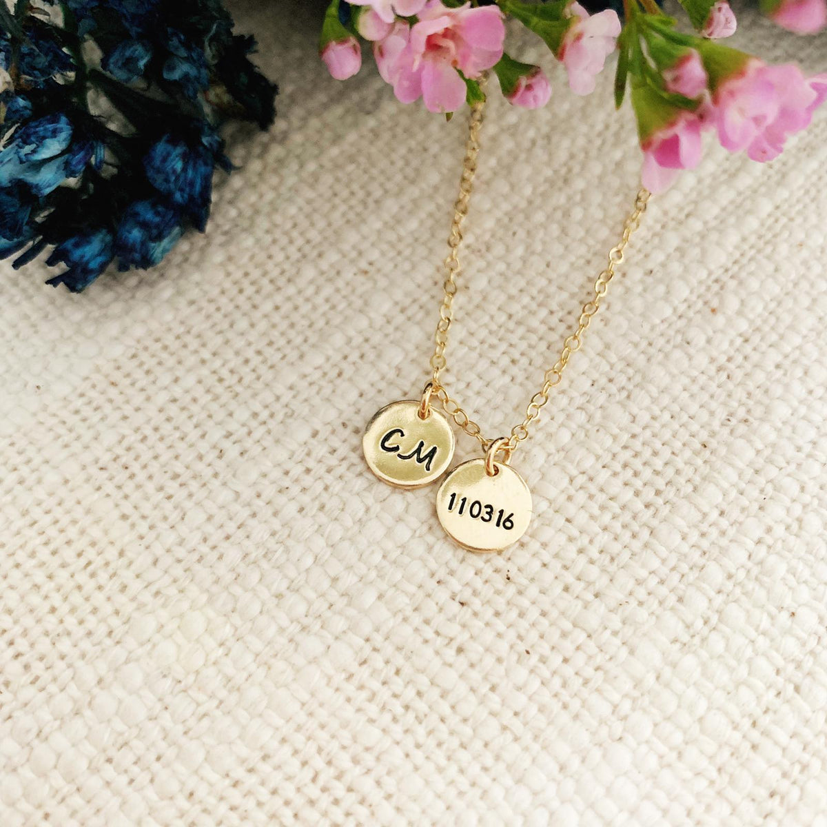 Initial &amp; Date Disc Necklace - Mini Discs - Ekalake Handmade Jewellery