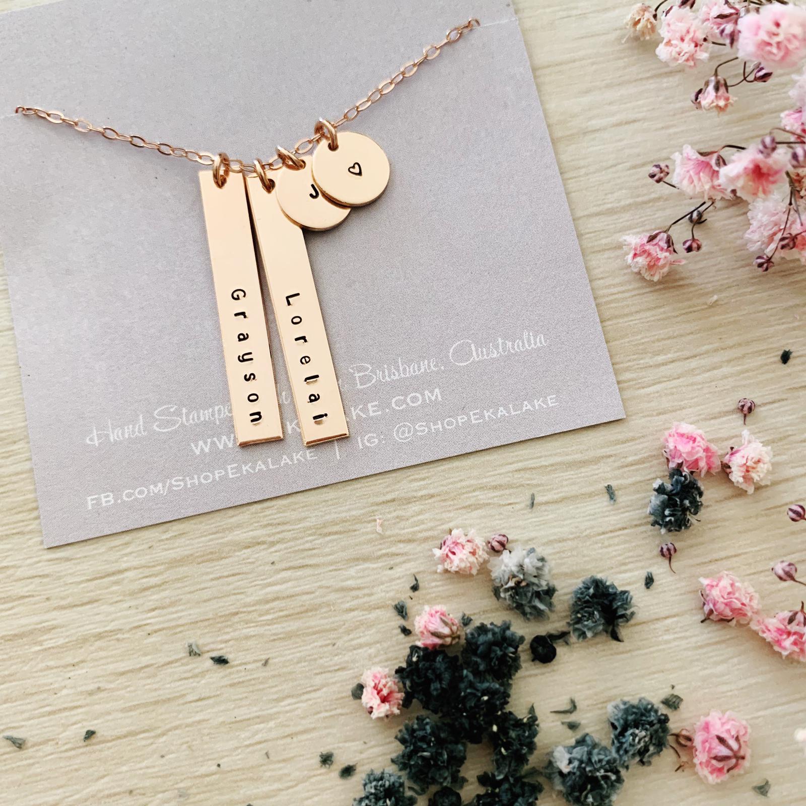 2 Names & 2 Initials Necklace - Petite Bars & Mini Discs - Ekalake Handmade Jewellery