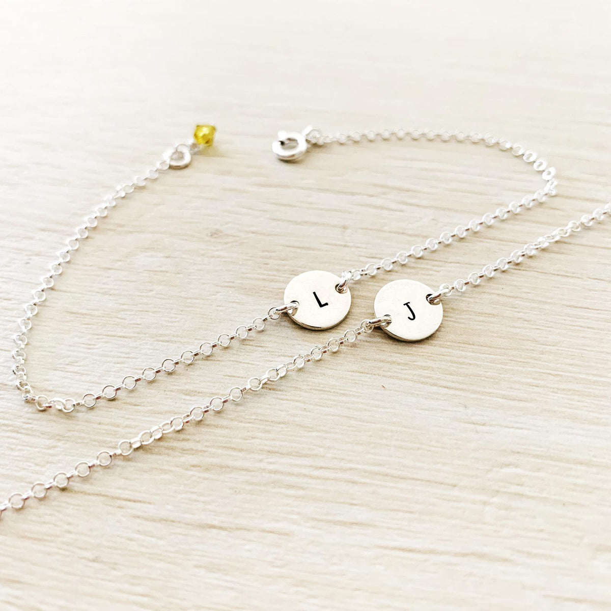 Initial Disc Bracelet with Birthstone Charm - Mini Disc - Ekalake Handmade Jewellery