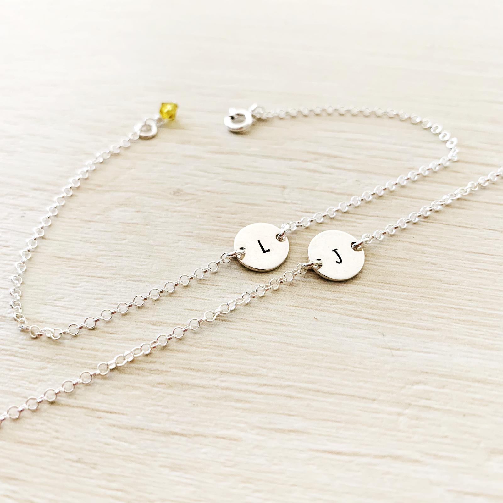 Initial Disc Bracelet with Birthstone Charm - Mini Disc - Ekalake Handmade Jewellery