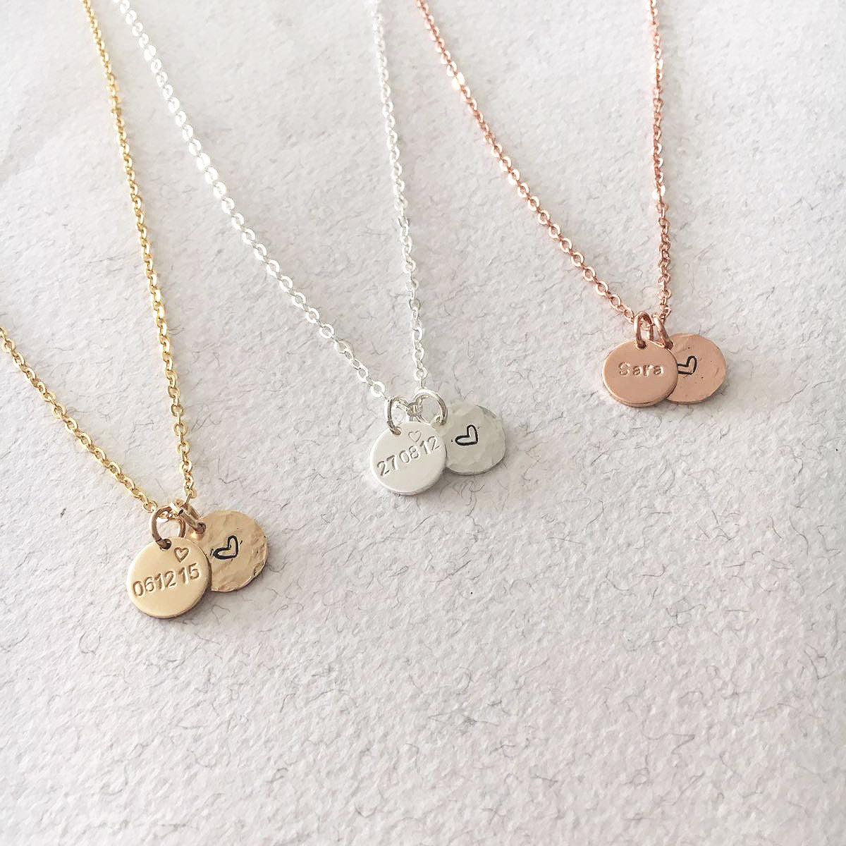 Date & Love Heart Necklace - Double Mini Discs - Ekalake Handmade Jewellery