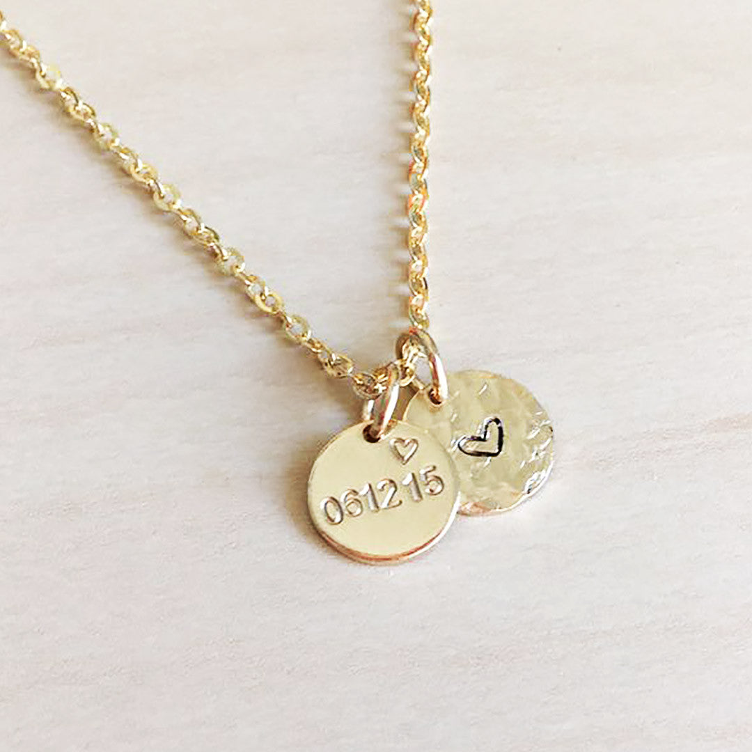 Date &amp; Love Heart Necklace - Double Mini Discs - Ekalake Handmade Jewellery