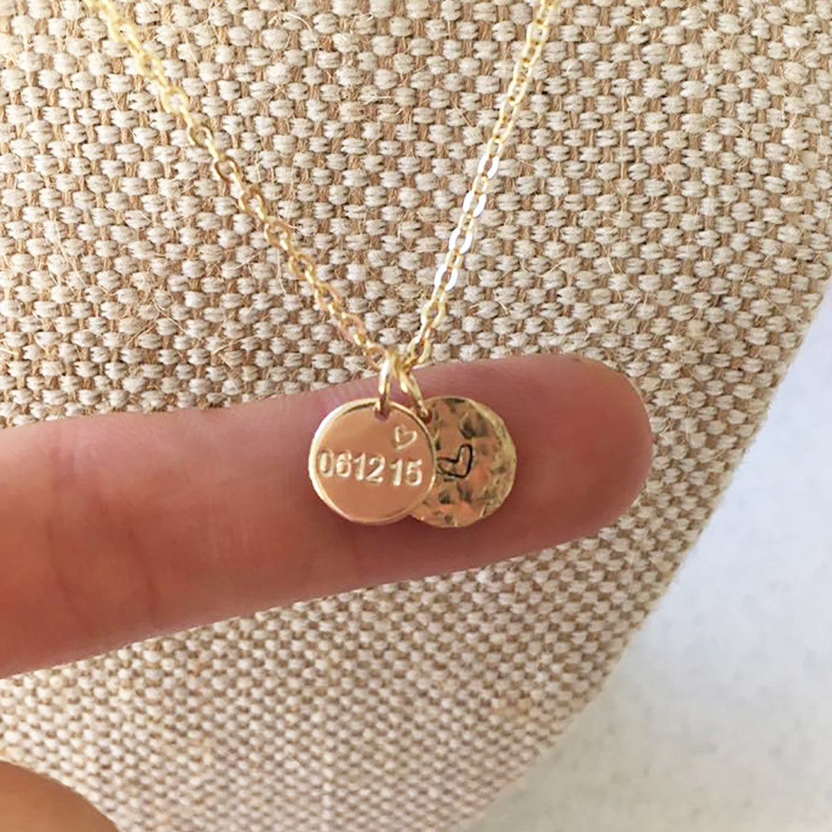 Date &amp; Love Heart Necklace - Double Mini Discs - Ekalake Handmade Jewellery