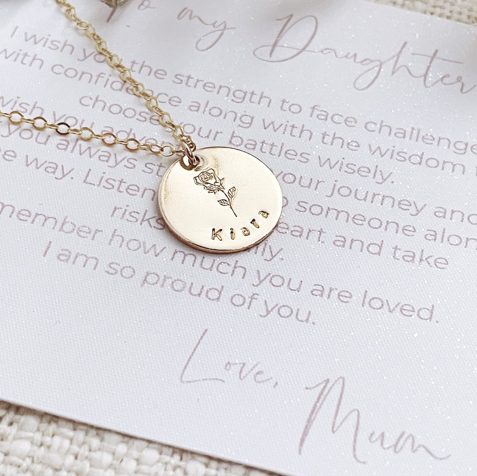 Birth Flower and Name Necklace (comes with Daughter Card) - Single Large Disc