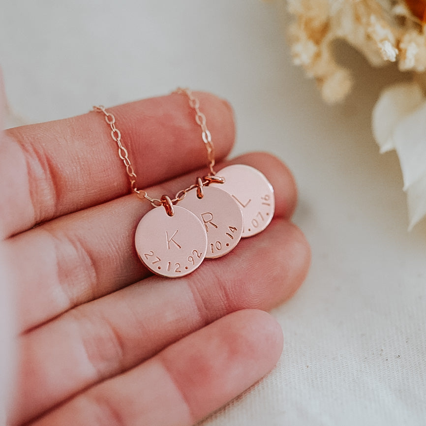 Initial & Date on a Curve Necklace - Triple Midi Discs