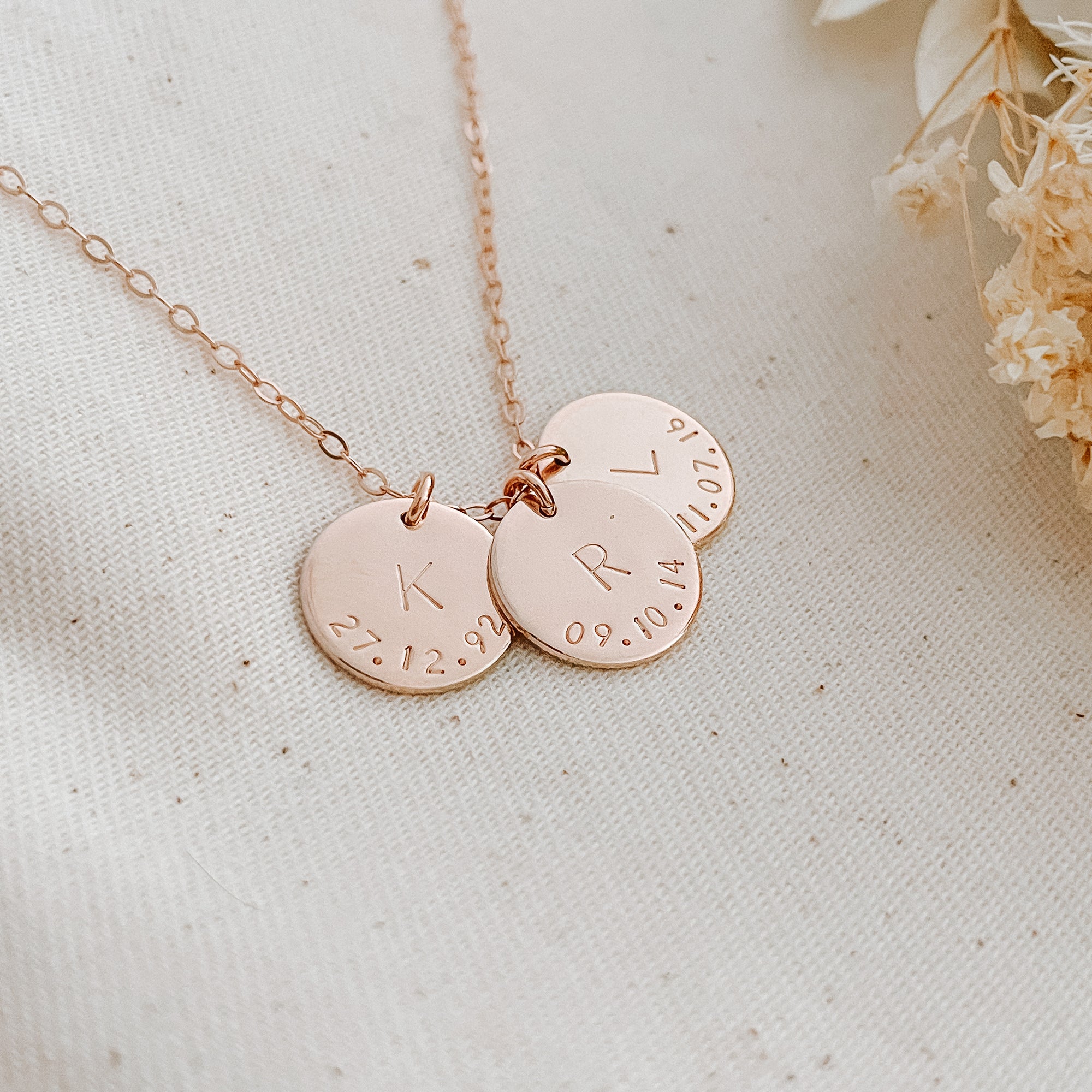 Initial & Date on a Curve Necklace - Triple Midi Discs