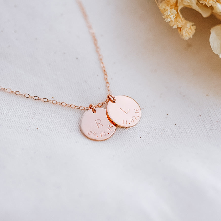 Initial &amp; Date on a Curve Necklace - Double Midi Discs
