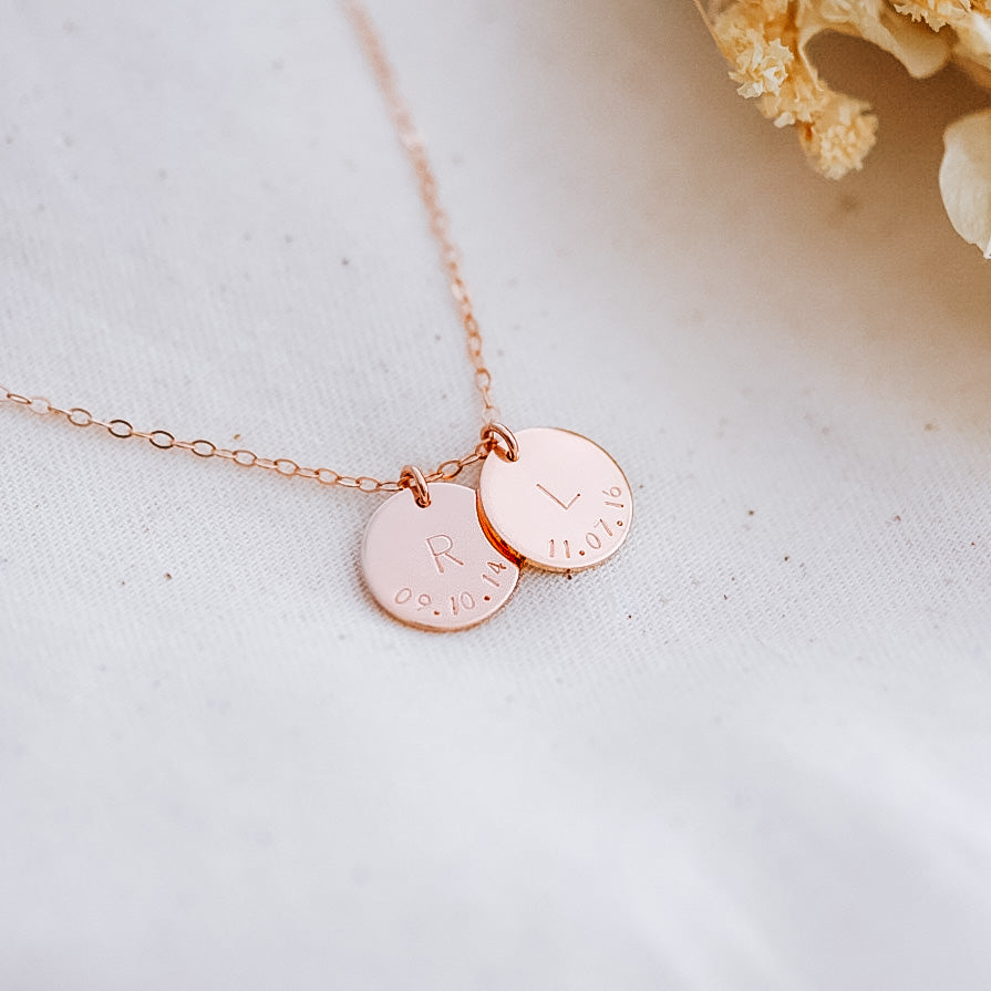 Initial & Date on a Curve Necklace - Double Midi Discs