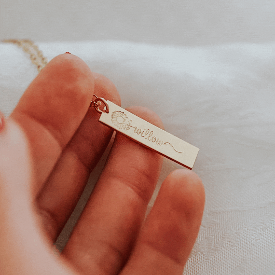 Single Sunflower Name Hanging Bar Necklace - Short Standard Bar